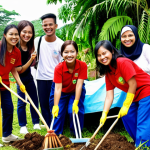 **A diverse group of Malaysian students participating in a "gotong-royong" activity, cleaning up a community garden. They are of various ethnicities (Malay, Chinese, Indian, etc.) and are smiling and working together harmoniously. The scene is bright and colorful, showcasing the spirit of cooperation.**