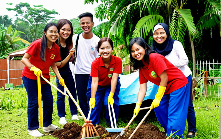 **A diverse group of Malaysian students participating in a "gotong-royong" activity, cleaning up a community garden. They are of various ethnicities (Malay, Chinese, Indian, etc.) and are smiling and working together harmoniously. The scene is bright and colorful, showcasing the spirit of cooperation.**